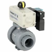 HAYWARD FLOW CONTROL Pneumatically Actuated Two-Way Ball Valve: 1 in, CPVC, Air to Air, Three-Piece (MPN PSDTBH210STVA8). Key specifications — Brand: HAYWARD FLOW CONTROL; Connection Gender - Side 1: Female; Actuator Features: Position Indicator; Actuator Operation: Air to Air; Actuator Series: PSD; Connection Gender - Side 2: Female; Connection Type - Side 1: True-Union Socket/True-Union NPT; Connection Type - Side 2: True-Union Socket/True-Union NPT.
