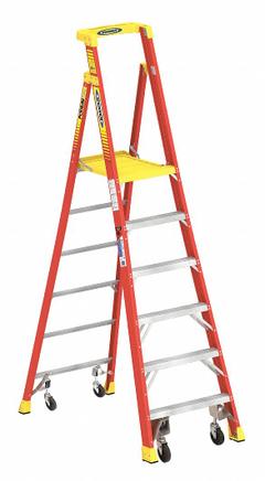 WERNER Podium Stepladder: 8 ft Ladder Size, Fiberglass, 300 lb Load Capacity, 43 lb Wt (MPN PD6206-4C). Key specifications — Brand: WERNER; Included Features: Guard Rail.