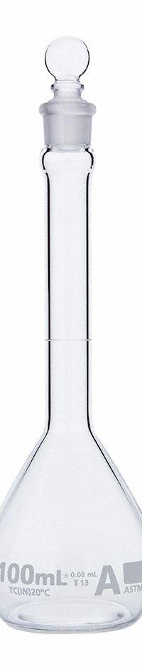 GLOBE SCIENTIFIC Volumetric Flask: 100 mL, Colorless, A, 0.08 mL, Includes Closure (MPN 8200100). Key specifications — Tolerance: 0.08 mL; Body Color: Colorless; Brand: GLOBE SCIENTIFIC; Compatible with Stopper Size: 13; USP Specification: Type I.
