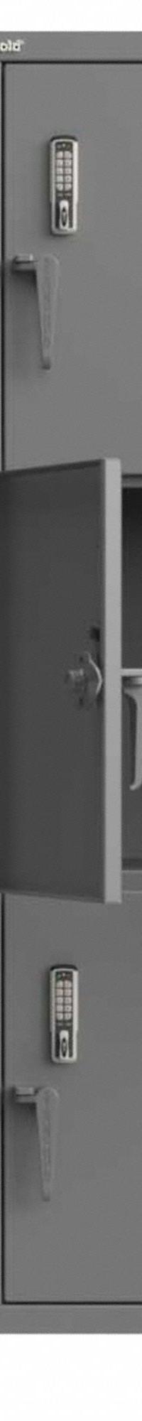 STRONG HOLD Locker: 48 in x 24 in x 75 in, 3 Tiers, 2 Units Wide, 6 Lockers, 24 in x 24 in, Steel (MPN 46-6D-24-3T-EK-L). Key specifications — Mounting Style: Surface; Brand: STRONG HOLD; Handle Type: Swing; Locker Color: Gray; Mounting Location: Freestanding; Locker Material: Steel; Frame Assembled: Assembled; Lock Type: Electronic Keypad.