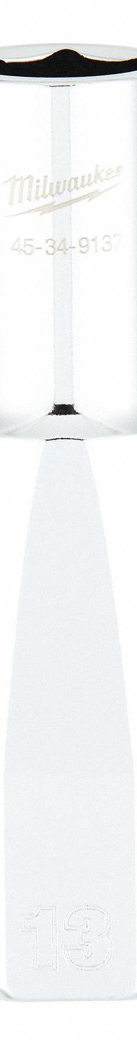 MILWAUKEE Deep Well Socket: Metric, 1/2 in Drive Size, 13 mm Socket Size, 6-Point, Deep, Chrome (MPN 45-34-9137). Key specifications — attr1204417: MILWAUKEE; attr1204392: Chrome.