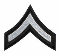HEROS PRIDE Embroidered Patch: PFC, 3 in, Black/White, Polyester/Rayon, Rank Insignia, 1 PR (MPN 5400P). Key specifications — attr188498: 3 in; attr188499: White; attr188500: Rayon; attr188503: PFC; attr193746: HEROS PRIDE.