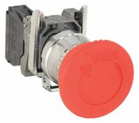SCHNEIDER Emergency Stop Push Button: Non-Illuminated, Mushroom Head Profile, Metallic, 22 mm, 1NC (MPN XB4BS8442). Key specifications — Brand: SCHNEIDER; Action: Maintained; Series: XB4; Push Button Material Type: Metallic.