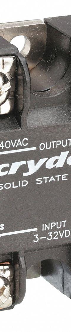 CRYDOM Solid State Relay: Surface Mounted, 25 A Max Output Current, SCR, AC Output (MPN D2425). Key specifications — Brand: CRYDOM; Current Type: AC; Electrical Connection: Screw Clamp; Finger Safe: No; Input Current: 12 mA; Maximum Output Current without Heat Sink: 16 A; Mounting Style: Panel; Output Voltage: 24 to 280V AC.
