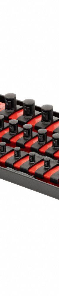 ERNST MANUFACTURING Socket Organizer: Red, 5 5/16 in Overall Wd, 25 Posts/Slots, Sockets (MPN 8550). Key specifications — attr1125333: (25) Socket Clips; attr1125346: ERNST MANUFACTURING; attr1125347: Red; attr1136588: Sockets; attr1125364: Socket Bit Tray.