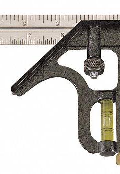 JOHNSON LEVEL Combination Square: Inch/Metric, Stainless Steel, 5 3/4 in, 12 in x 0.85 in, Cast Zinc (MPN 400EM). Key specifications — attr936159: 1/32 in; attr936166: Cast Zinc; attr936169: Scriber; attr934771: JOHNSON LEVEL; attr936157: Printed.