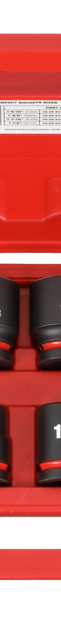 MILWAUKEE Impact Socket Set: 3/4 in Drive Size, Small Set (0-50 pieces) Set Size, 8 Pieces, 0, SAE (MPN 49-66-7017). Key specifications — attr1204251: MILWAUKEE; attr1215453: 3/4 in; attr1215454: 1 in to 1-1/2 in; attr1224229: Friction.
