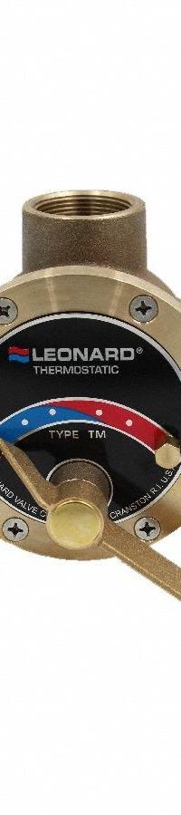 LEONARD VALVE Thermostatic Mixing Valve: 1 1/4 in Inlet Connection Size, NPT, 65°F to 180°F (MPN TM-150-AT-LF-CP). Key specifications — Includes: Check-stops; Brand: LEONARD VALVE.