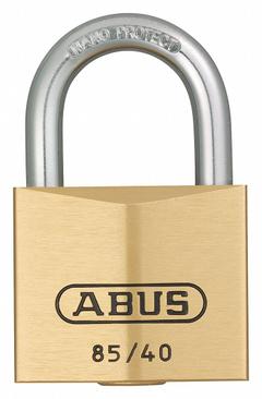 ABUS Padlock: Brass, Unfinished, Yellow, Std Shackle, Steel, 57/64 in Vert Clearance, 85/40 Series (MPN 85/40 MK KD). Key specifications — Series: 85/40 Series; Master Key Code: 0403; Master Key Included: No; Brand: ABUS.