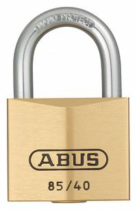ABUS Padlock: Brass, Unfinished, Yellow, Std Shackle, Steel, 57/64 in Vert Clearance, 85/40 Series (MPN 85/40 MK KD). Key specifications — Series: 85/40 Series; Master Key Code: 0403; Master Key Included: No; Brand: ABUS.
