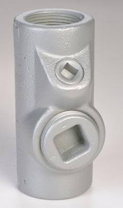 Sealing Fitting - Vertical and Horizontal: Aluminum, 2 1/2 in Trade Size, Female (MPN EYF-250AL). Key specifications — Brand: APPLETON ELECTRIC; Finish: Powder Coated; Connection Type: Threaded; Thread Gender: Female; Ends - Hazardous Fittings: 2-1/2 in FNPY x 2-1/2 in FNPT; Material: Aluminum; Hazardous Location Rating: Class II, Division 1 and 2, Groups E, F, G; Thread Type: NPT.