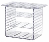 Tube Rack: 3 in Overall Wd, 4 1/2 in Overall Ht, 7 in Overall Lg, Polycarbonate, Clear, (24) Wells (MPN 300-777). Key specifications — Material: Polycarbonate; Color: Clear; Product Type: Test Tube Rack; Total Holding Capacity: (24) Wells; Brand: POLYSCIENCE.