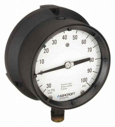 ASHCROFT Process Compound Gauge: 0 psi to 100 psi, White, 4 1/2 in Dial, 1/2 in NPT Male - Vibration-Resistant Brass/Bronze Wetted Parts & Plastic Casing