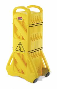 APPROVED VENDOR Portable Barricade: Accordion, Casters, 40 in Ht, 13 ft Expanded Lg, 13 ft Wd (MPN FG9S1100YEL). Key specifications — attr193635: APPROVED VENDOR; attr982495: Casters; attr982499: Polypropylene; attr982502: No Legend; attr982505: Quick Release Safety Straps; attr982518: No.
