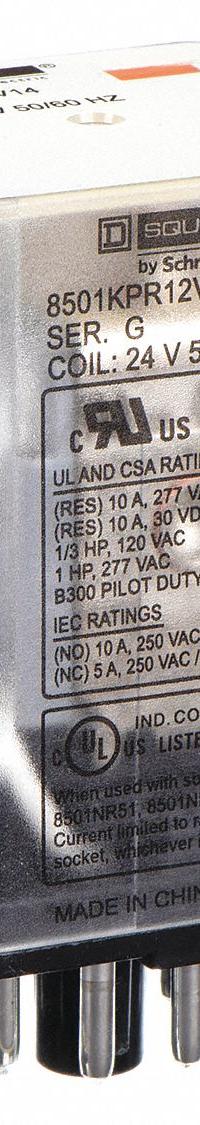 SCHNEIDER General Purpose Relay: Socket Mounted, 10 A Current Rating, 24V AC, DPDT, 8 Pins/Terminals (MPN 8501KPR12V14). Key specifications — Brand: SCHNEIDER; Base Type: Octal; Mounting Style: Socket; Pin Shape: Round; Electrical Connection: 8-Pin Terminal; Manufacturer Part Number: 8501KPR12V14; Series: Square D 8501K Series.