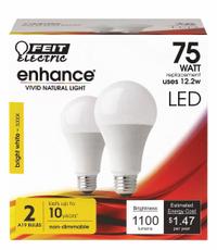 FEIT ELECTRIC Compact LED Bulb: Medium Screw (E26), LED, (A) Classic, A19, 12.2 W Watt, 3000K (MPN OM75/930CA10K/2). Key specifications — attr233510: A19; attr233525: 120V AC; attr233549: Frosted; attr518949: 3000K; attr239859: FEIT ELECTRIC.