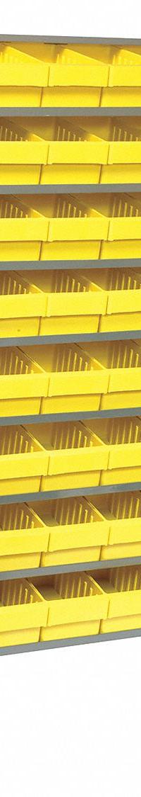 QUANTUM STORAGE SYSTEMS Pick Rack: 36 in x 12 in x 60 in, 1 Usable Sides, 8 Shelves, 48 Bins, Yellow (MPN QPRS601YL). Key specifications — Bin HxWxD: (48) 4-5/8 in x 5-9/16 in x 11-5/8 in; Frame Material: Steel; Frame Color: Gray; Bin Color: Yellow; Brand: QUANTUM STORAGE SYSTEMS.
