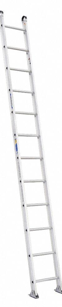WERNER Straight Ladder: 12 ft Ladder Size, Aluminum, 375 lb Load Capacity, 24 lb Wt, 12 Rungs (MPN 512-1). Key specifications — Color: Silver; Brand: WERNER; Included Features: Hoop End Caps; Shoe Type: Slip-Resistant.