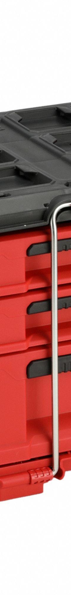 MILWAUKEE PACKOUT Tool Box: Polymer, Black/Red, 22 3/16 in W x 14 5/16 in H x 16 5/16 in D (MPN 48-22-8447). Key specifications — attr1117293: MILWAUKEE; attr1117310: Security Bar; attr1117382: Polymer; attr1117383: Red; attr1117271: (3) Quick-Adjust Divider.