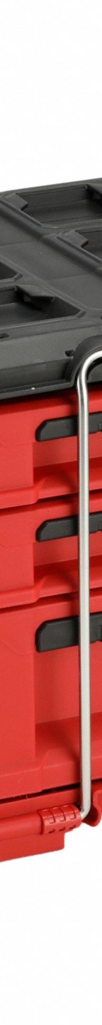 MILWAUKEE PACKOUT Tool Box: Polymer, Black/Red, 22 3/16 in W x 14 5/16 in H x 16 5/16 in D (MPN 48-22-8447). Key specifications — attr1117293: MILWAUKEE; attr1117310: Security Bar; attr1117382: Polymer; attr1117383: Red; attr1117271: (3) Quick-Adjust Divider.