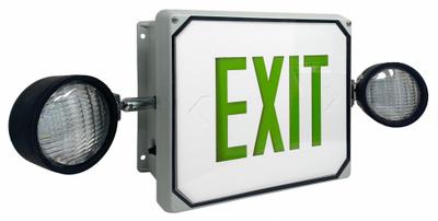 BIG BEAM Food Safe Combo Exit Sign: Gray, LED, Green, 1 Faces, Wall - Fiberglass Exit Signs with Round Side-Mount Light Heads