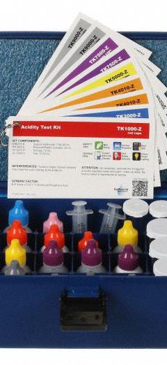 AQUAPHOENIX Water Quality Test Kit: 75 Tests (MPN TK9500-Z). Key specifications — Includes: (2) Vial 5-25 mL; Range: # of drops x 0.02 = % Acidity1 drop = 0.1% Caustic as NaOH1 drop = 0.14% Caustic as KOH# of drops x factor = amount# of drops x 5 = ppm Chlorine# of drops x 10 = ppm Chlorine; Test Parameters: Chlorine.