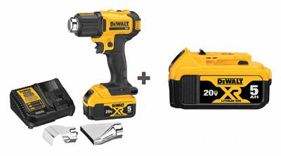 DEWALT Heat Gun Kit: 20V DC, (2) 5.0 Ah, 500°F to 990°F, 6.7 cfm Max Air Flow - DEWALT Cordless Heat Guns