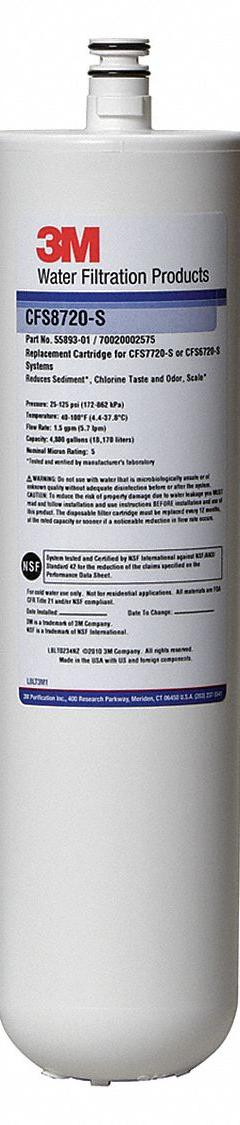 3M WATER FILTRATION PRODUCTS Quick-Connect Water Filter: 5 micron, 1.5 gpm, 4,800 gal (MPN 5631904). Key specifications — Filter Media: Polyphosphate; Reduces: Chlorine Odor; Brand: 3M WATER FILTRATION PRODUCTS.
