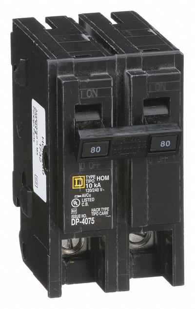 SQUARE D Miniature Circuit Breaker: 80 A, 120/240V AC, Single Phase, 10kA at 120/240V AC - HOM Series, Plug-In Square D Miniature Circuit Breakers