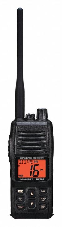 STANDARD HORIZON Handheld Two Way Radios: VHF, Analog, 5 W, 1,065 Channels, Alphanumeric, IPX7 (MPN HX380). Key specifications — Product Type: Handheld Two Way Radios; Features: Dual, Tri Watch, NOAA Weather Channels, Weather Alert; Bluetooth: No; IP Rating: IPX7; Manufacturer Part Number: HX380; Brand: STANDARD HORIZON; Standards: FCC; Radio Transmission: Analog.