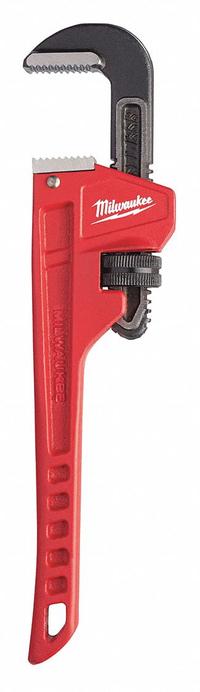 MILWAUKEE Pipe Wrench: Alloy Steel, 1 1/2 in Jaw Capacity, Serrated, 10 in Overall Lg, Ergonomic (MPN 48-22-7110). Key specifications — attr309808: Ergonomic; attr309815: Alloy Steel; attr324941: MILWAUKEE.