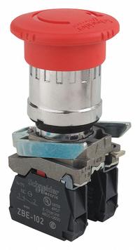 SCHNEIDER Emergency Stop Push Button: Non-Illuminated, Mushroom Head Profile, Metallic, 22 mm, 2NC (MPN XB4BS8444). Key specifications — Brand: SCHNEIDER; Action: Maintained; Series: XB4; Push Button Material Type: Metallic.