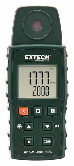 EXTECH Ultra Violet Light Meter: Light Sensor Cover/Wrist Strap, ±4% Full Scale Light Level Accuracy (MPN UV510). Key specifications — Brand: EXTECH; Light Level Accuracy: ±4% Full Scale; Digital Display Screen Type: LCD with Backlight; Includes: Wrist Strap; Lights Tested: UV-A; UV Light Level Accuracy: ±4%; Certificate of Calibration: Not Included.
