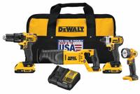 DEWALT Cordless Tool Combination Kit: 4 Tools, Drill/Impact Driver/Reciprocating Saw/Work Light (MPN DCK420D2). Key specifications — attr1176460: Reciprocating Saw.