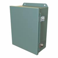 HAMMOND Electrical Enclosure: Steel, 10 in x 8 in x 4 in, NEMA 12/13/3R/4, Solid Cover, Hinged (MPN HJ1084HLP). Key specifications — Closure Method: Clamps; Brand: HAMMOND; Knockouts: Not Included.