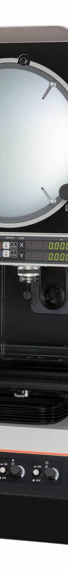 MITUTOYO Profile Projector: Vertical, Inverted Image, 4 in x 4 in Table Size, 10X (MPN 302-801-10A). Key specifications — attr1183445: Inverted Image; attr1183446: 4 in x 4 in; attr1183447: 10X; attr1183448: 315 mm; attr1183467: MITUTOYO.
