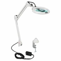 VISION-LUXO Round Magnifier Light: LED, 2.25x, 5 Diopter, 700 lm Max Brightness, 30 in Arm Reach (MPN LFG028217). Key specifications — Arm Material: Die-Cast Aluminum; Brand: VISION-LUXO; Magnification: 2.25x; ESD Safe: No; Lens Material: Glass; Lighting Technology: LED; Operating Voltage: 120V AC; Includes Ultraviolet Light: No.