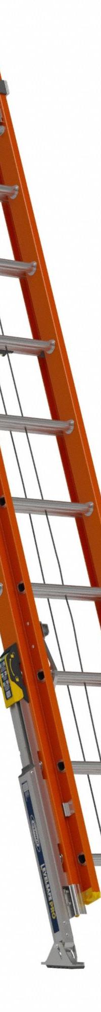 WERNER Extension Ladder: 20 ft Ladder Size, Fiberglass, 300 lb Load Capacity, 65 lb Wt, 2 Sections (MPN D6220-2CL). Key specifications — Color: Orange; Brand: WERNER; Included Features: Bubble Level; Removable Fly: Removable.