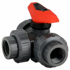 GF PIPING SYSTEMS Manual Three-Way Ball Valve: 1 in, PVC, L Flow, FNPT x FNPT x FNPT, Two-Piece (MPN 161543104). Key specifications — Brand: GF PIPING SYSTEMS; Handle: Locking Lever.