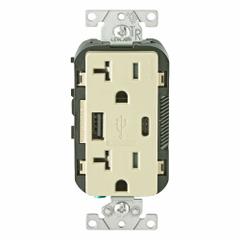 USB Receptacle: Duplex, 5-20R, USB Type A/C, Ivory, 125V AC, 20 A (MPN T5833-I). Key specifications — Brand: LEVITON.