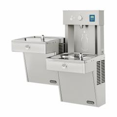 ELKAY Bi-Level Drinking Fountain with Bottle Filler: On-Wall, 38 13/16 in Ht, 36 1/8 in Dp, Gray (MPN LVRCTL8WSK). Key specifications — Housing Color: Gray; Brand: ELKAY; Vandal Resistant: Vandal Resistant; Housing Material: Stainless Steel; Refrigeration: Refrigerated.