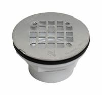 OATEY Shower Drain: Rubber, Unfinished, 2 in Overall Dia, 2 1/2 in Overall Ht, 2 in Fits Drain Size (MPN 42097). Key specifications — Color: White; Includes: Snap-In Strainer; Connection Type: Solvent Weld; Material: Rubber; Grate Material: Stainless Steel.