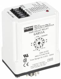 DAYTON Multi-Function Time Delay Relay: Socket Mounted, 120V AC, 10 A, 11 Pins/Terminals (MPN 6A855). Key specifications — Delay Function: Multi Function; Mounting Style: Plug-In; Input Voltage: 120V AC/DC; Brand: DAYTON.