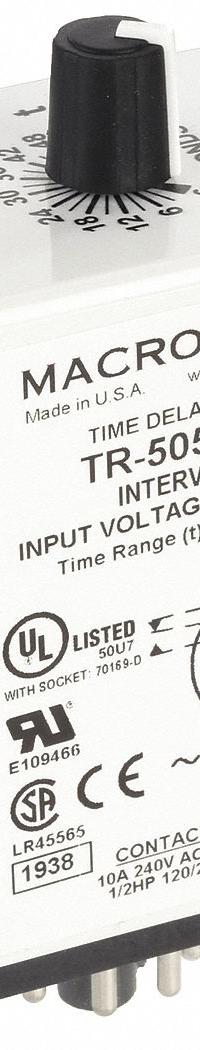 MACROMATIC Single Function Time Delay Relay: Socket Mounted, 120V AC/DC, 10 A, 8 Pins/Terminals (MPN TR-50522-08). Key specifications — Brand: MACROMATIC.
