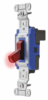 HUBBELL Wall Switch: Toggle Switch, Single Pole, Maintained, Red, 120/277V AC, 15 A (MPN SNAP1201PLR). Key specifications — Illuminated: No; Voltage Rating: 120/277V AC.