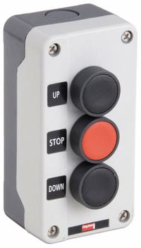 DAYTON Control Station: (3) Push Buttons, 0 Pilot Lights, 2NO/1NC, Up/Stop/Down, (3) Push Buttons (MPN 32W273). Key specifications — Brand: DAYTON; Operator Legend: Up/Stop/Down; Operator Color: Red; Operator Configuration: (3) Push Buttons; Operator Configuration Type: (3) Push Buttons.
