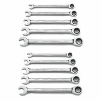 GEARWRENCH Combination Ratcheting Wrench Set: Alloy Steel, Full Polish Chrome, 10 Tools, Std, SAE (MPN 9418). Key specifications — attr309581: Full Polish Chrome; attr309580: Alloy Steel; attr309571: No; attr309583: No; attr309587: Yes; attr324931: GEARWRENCH.