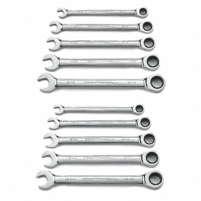 GEARWRENCH Combination Ratcheting Wrench Set: Alloy Steel, Full Polish Chrome, 10 Tools - SAE 12-Point Ratcheting Combination Wrench Sets