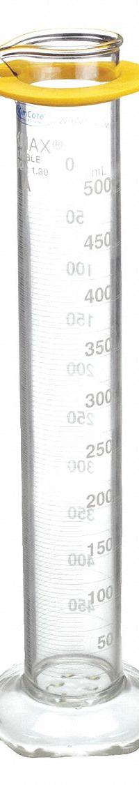 KIMBLE Graduated Cylinder: 500 mL, A, To Deliver (TD), 5 mL Graduation Increments - mL (MPN KC20028W-500). Key specifications — ASTM Specification: E1272; Brand: KIMBLE; USP Specification: Type I; Closure Included: No; Includes: Bumper.