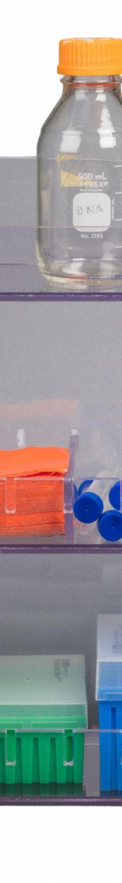 Lab Bulk Bin: 6 1/2 in Overall Wd, 18 3/8 in Overall Ht, 18 3/4 in Overall Lg, PETG, Clear, Benchtop (MPN BENCHTOP18-BRK-PIPTRBRK). Key specifications — Material: PETG; Mounting Location: Benchtop; Color: Clear; Product Type: Multi Organizer; Total Holding Capacity: (3) Levels for Misc Lab Supplies; Brand: POLTEX.